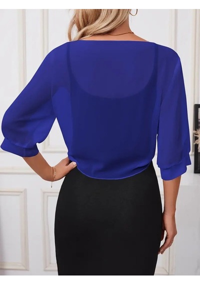 Efnaz Style Kadın Truvakar Kol Önden Bağlamalı Kısa Şifon Bolero Ceket mavi