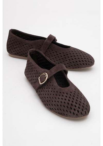 Luvishoes Arian Kahverengi Süet Hakiki Deri Delikli Kadın Babet Ayakkabı Kahverengi