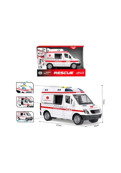 Pilli Sesli Işıklı 1/16 Ölçek Ambulans Oyuncak 21 Cm Gerçekçi Kurtarma Aracı