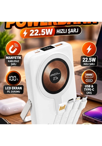 Lcd Ekranlı Manyetik Kablosuz Powerbank 22.5w Hızlı Şarj Type-c Ve Usb Renkli