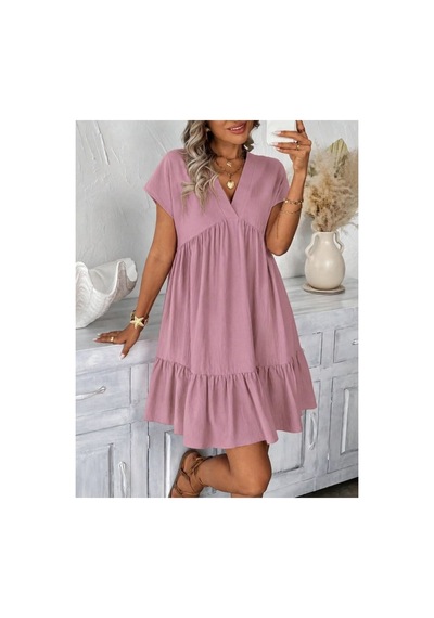 Butik İstanbul Kadın Kısa Kollu V Yakalı Fırfırlı Kısa Elbise Pembe