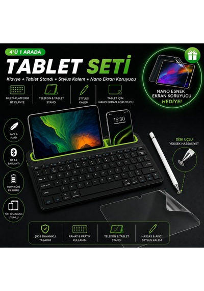 Samsung Galaxy Tab A 8'' Sm-t290 Uyumlu Set Standlı Bluetooth Klavye Stylus Kalem Ekran Koruyucu