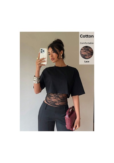 Meren Like Your Style Siyah Crop Tişört Kadın Dantel Detaylı Yuvarlak Yaka Şık Üst Bluz Siyah Meren Like Your Style Siyah Crop Tişört Kadın Dantel Detaylı Yuvarlak Yaka Şık Üst Bluz Siyah
