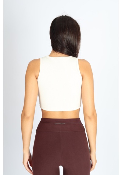 Soft&Basic Kadın Bej Basic Halter Yaka Esnek Biyeli Kaşkorse Kumaş Crop Top Body Atlet Bej