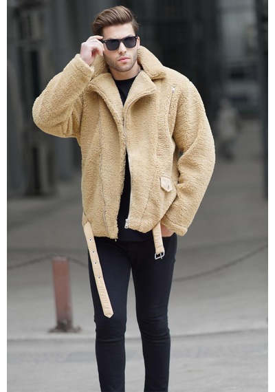 Madmext Camel Peluş Biker Erkek Ceket 6849-camel Camel
