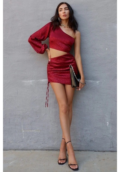 Fashion Cocktail Bel Dekolteli Tek Kol Gece Elbisesi Şarap Kırmızı Bordo
