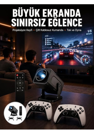 Hepsi Çift Kollu Game Box Projeksiyon Cihazı Kumandalı Android Tv Dahili Hoparlör Yeni Nesil Najmaddin