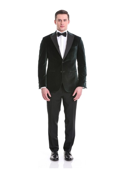 Hatemoğlu Yeşil Slim Fit Düz Sivri Yaka Kadife Klasik Smokin Damatlık 3312 Yeşil