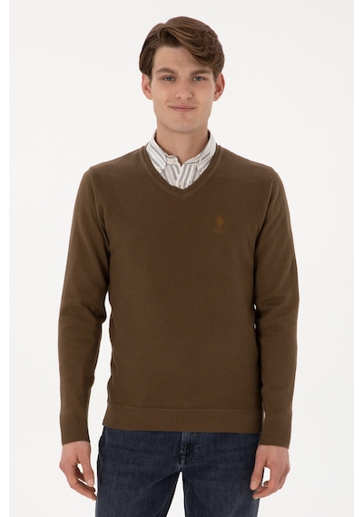 U.S. Polo Assn. Erkek Slim Fit V Yaka Haki Basic Kazak 50288886-VR027