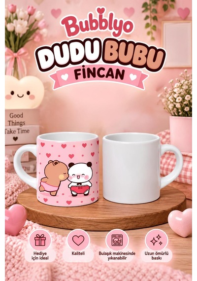 Bubblyo Dudu Bubu Sevimli Fincan Kupa Seti Çiftlere Özel Tatlı Tasarım Hediye Kupa Pembe Pembe