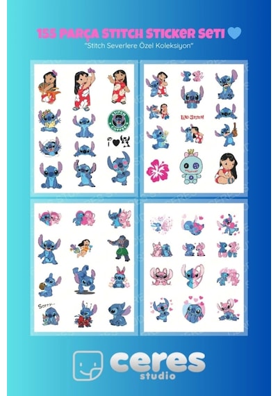 Stitch Temalı 155 Parça Sticker Seti - Kawaii Karakter Etiketleri Defter Laptop Telefon İçin Diğer