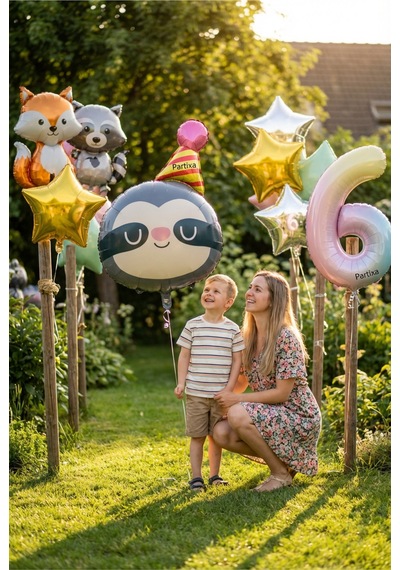 Şapkalı Safari Tembel Hayvan Kafa Folyo Balon 71x48 Cm Safari Temalı Çocuk Doğum Günü Parti Süsü Çok Renkli