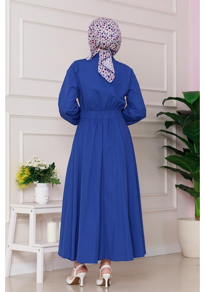Sevitli Beli Lastik Detaylı Yasemin Elbise-saks Mavi-4816 Saks Mavi
