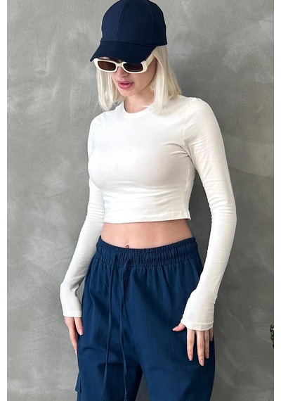 Seeh Ekru Bisiklet Yaka Uzun Kollu Kadın Top Body Sh216