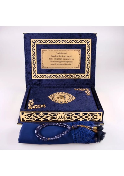 Şal + Tesbih + Kuran Hediye Seti Orta Boy, Şemslafzatullah, Gold Pleksi, Raşel Kutu, Lacivert