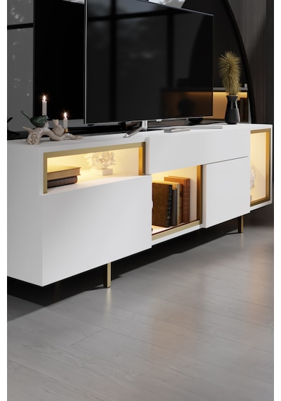 Norm Gold Demir Ayaklı Rgb Led Işık Sistemli Beyaz Tv Ünitesi Tv Sehpası Beyaz - Altın Norm Gold Demir Ayaklı Rgb Led Işık Sistemli Beyaz Tv Ünitesi Tv Sehpası Beyaz - Altın