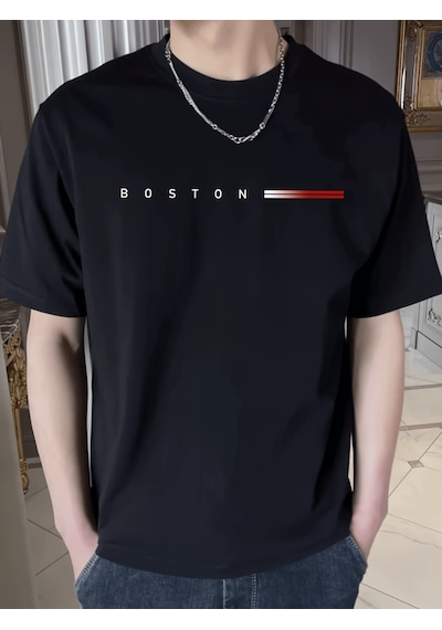 Unisex Boston Tasarım Basklı Tshirt Siyah