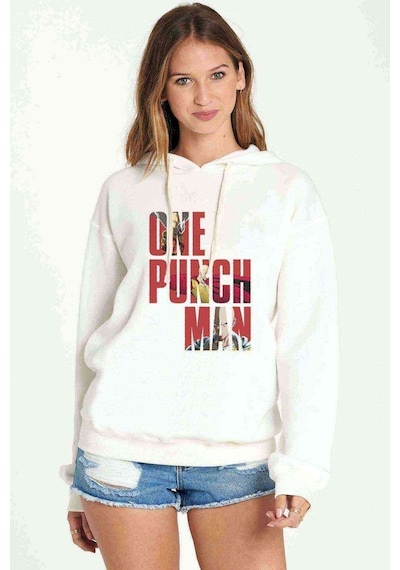 One Punch Man Baskılı Beyaz Kadın Kapşonlu Sweatshirt (534768483)