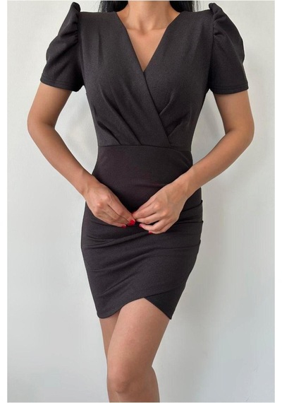 Lior Design Kadın Minimal V Yaka Pile Detaylı Mini Abiye Elbise Siyah