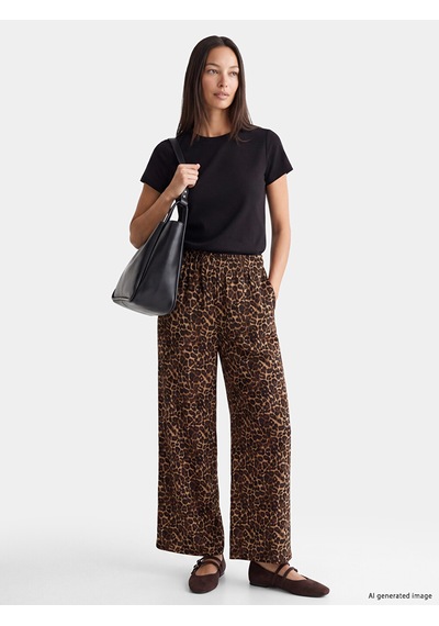 Lcwaıkıkı Classic Kahverengi Leopar Desenli Keten Karışımlı Kadın Pantolon