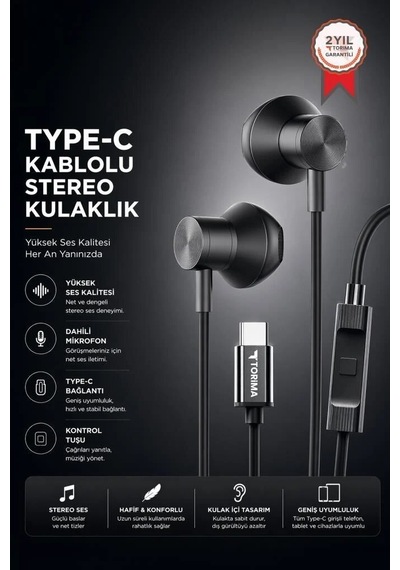 Özel Seri İletişim Port Kablolu Kulaklık Type-c Girişli Tc06 Siyah