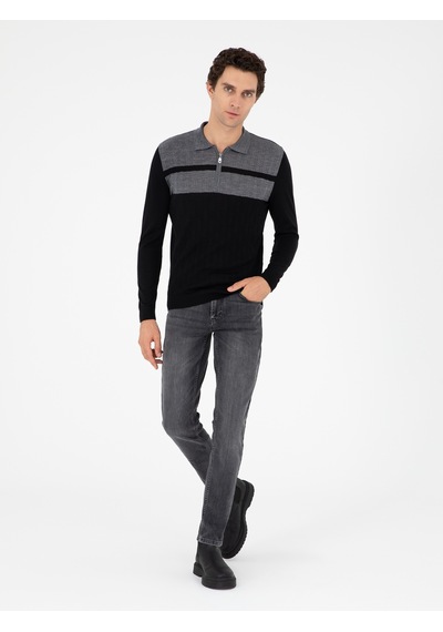 Cacharel Siyah Slim Fit Polo Yaka Fermuarlı Triko Kazak