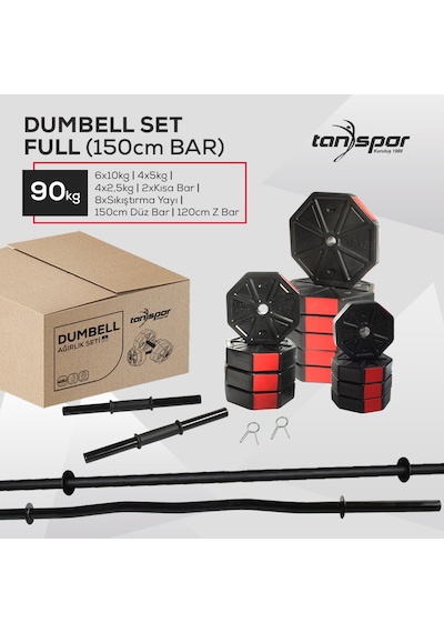 Tanspor 90 Kg Dambıl Halter Full Kısa Bar + Düz Bar (150 cm) + Z Bar (120 cm) Set Mavi Kapaklı