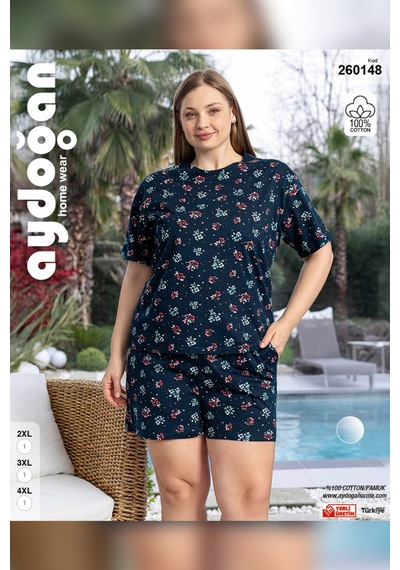 Aydoğan Kadın Lara Büyük Beden Şortlu Cotton Lacivert Pijama Takım 0156