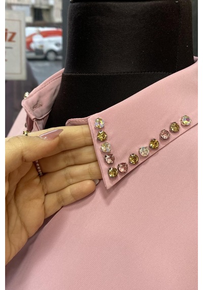 Pera Moda Yakası Taşlı Basic İç Göstermeyen Şık Gömlek Pudra