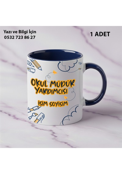 Okul Müdür Yardımcısı Öğretmenler Günü İçin Kişiye Özel İsim Baskılı Kupa Bardak Öğretmene Hediyelik Lacivert