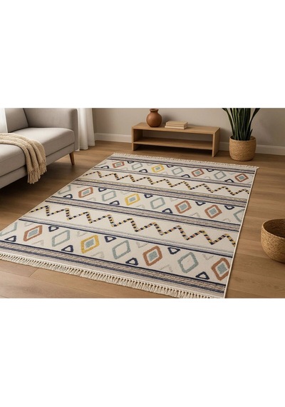 İskandinav Motifli Renkli Baklava Desen Tasarım Modern Halı Dekoratif Kilim Krem