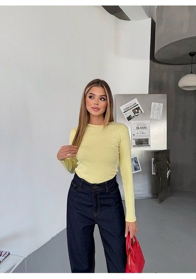 Bisiklet Yaka Basic Uzun Kollu Slim Fit Kadın Body SARI