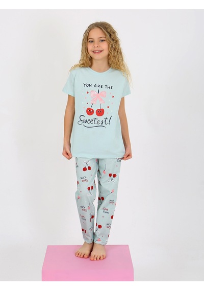 Kız Çocuk Kısa Kollu %100 Pamuklu Pijama Takımı Cherry Mint