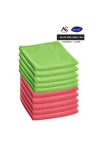 Diversey Solare Microjet Mikrofiber Temizlik Bezi Kırmızı - Yeşil 10'lu 40 x 40 CM