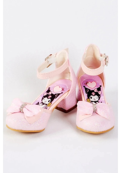 Nese Shoes Kız Çocuk Karakter Baskılı Topuklu Ayakkabı, Simli Fiyonklu Abiye Ayakkabı Pembe
