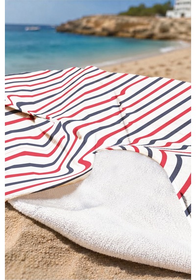 Çizgili Marine Plaj Havlusu - Lacivert Kırmızı Modern Nautical Hızlı Kuruyan Mikrofiber Havlu Kumlu Papatya