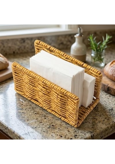 Hasır Örgü Peçetelik, Doğal Renk, Rattan, 14x5x8 Cm, Rustik Stil, Yemek Masası İçin -