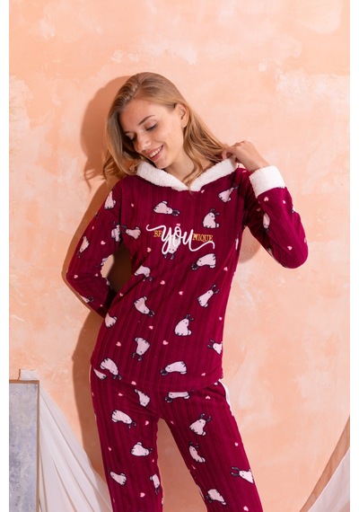 Nisanca Kapüşonlu Kışlık Kadın Peluş Polar Pijama Takımı - Yeni Yıl Pijaması Mürdüm