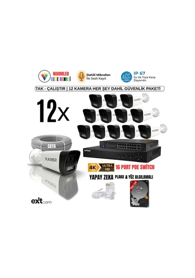 Exitcam 12 Kameralı 5mp Ip Poe Güvenlik Seti 16 Kanal Nvr, 500 Gb Hdd, Renkli Gece Görüşü, İnsan V
