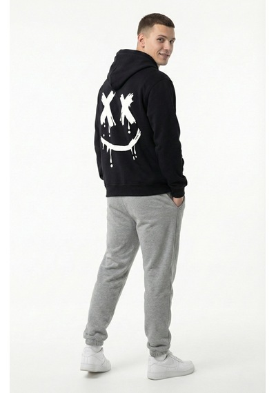 Nevermind Unisex Smile Baskılı Sevgili Kombini Oversize Hoodie Seti Siyah