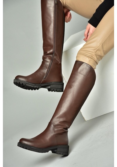 Fox Shoes N654032803 Kahverengi Hakiki Deri Alçak Topuklu Kadın Çizme Kahverengi