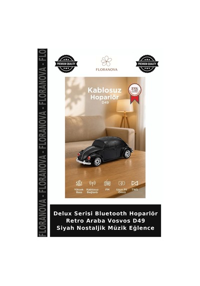 Delux Serisi Bluetooth Hoparlör Retro Araba Vosvos D49 Siyah Nostaljik Müzik Eğlence