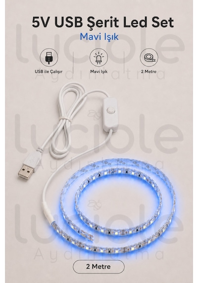 2 Metre 5v Usb Mavi Şerit Led Anahtarlı Gaming Masa Tv Arkası Powerbank Dekoratif Aydınlatma