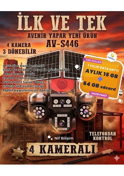 Avenir 4 Adet 3mp Kameralı 4g Solar Kamera 1 Yıllık 15gb Sim Kart + 64gb Hafıza Kartı Dahil 4.5g Sim Kart Dış Mekan Sola