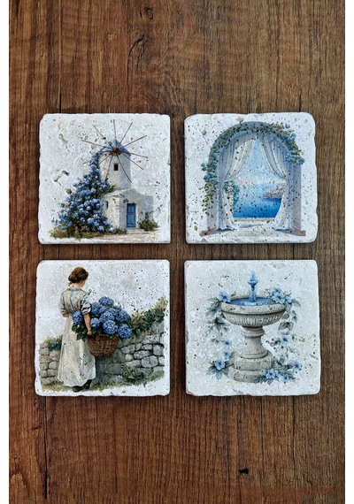 Doğal Taş Bardak Altlığı - Santoini Temalı 10x10cm Stone Coasters Çok Renkli