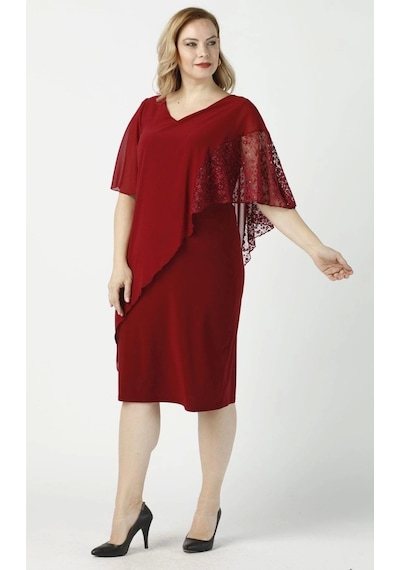Moda Berray 4051 Bordo Pelerinli Esnek Kumaş Büyük Beden Elbise Bordo
