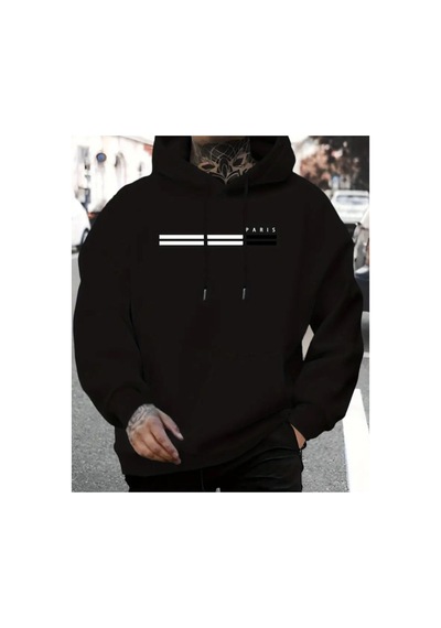Herkesemoda Cizgi Paris Baskılı Kapşonlu Siyah Sweatshirt Siyah