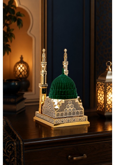 Çift Minareli Mescid-i Nebevi Altın Biblo 15x26 Cm Polyester Dekoratif İslami Ev Ve Ofis Dekoru 1