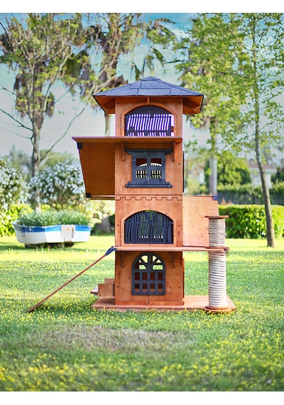 Mandu Ahşap 4 Katlı Teraslı Kedi Evi Tırmalama + Mama Kaplı
