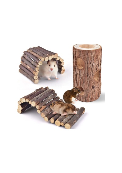 3lü Set Doğal Ahşap Merdiven Köprüsü Ve Orman Içi Boş Ağaç Gövdesi Hamster Egzersiz Kampı